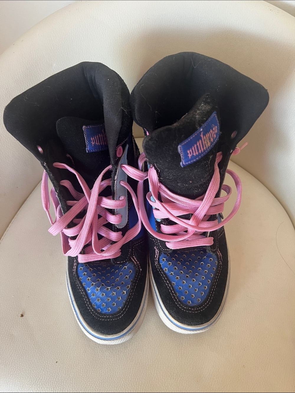 High-Top Sneakers in Black and Blue with Pink Laces